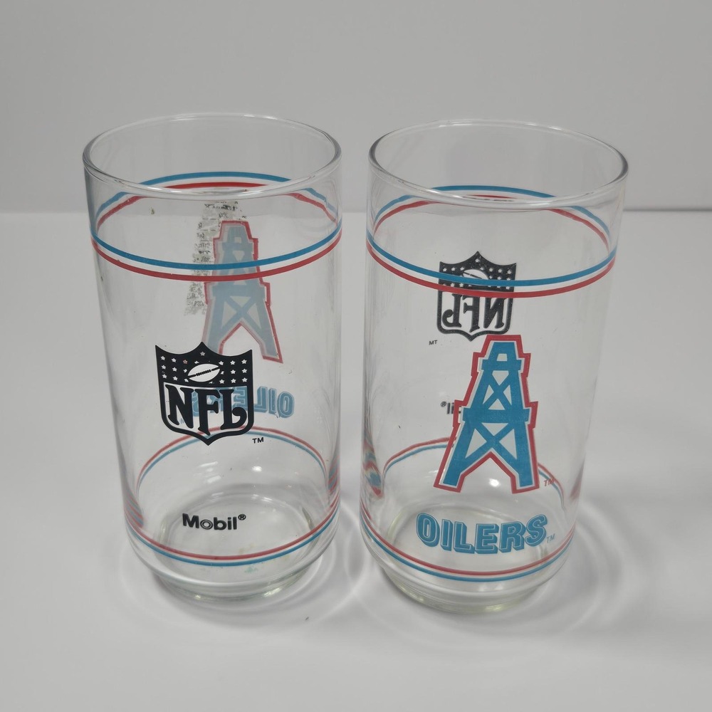 Mobil NFL Houston Oilers Glasses Vintage Set of 2 Clear Blue Red Promotional